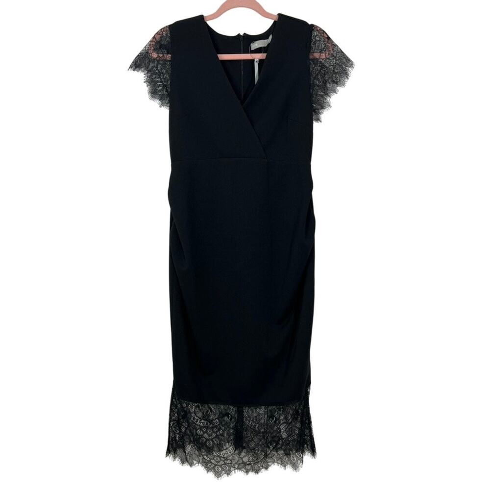 NWT Asos Black Lace Cap Sleeves V-neck Back Zipper Midi Event Dress Size 8
